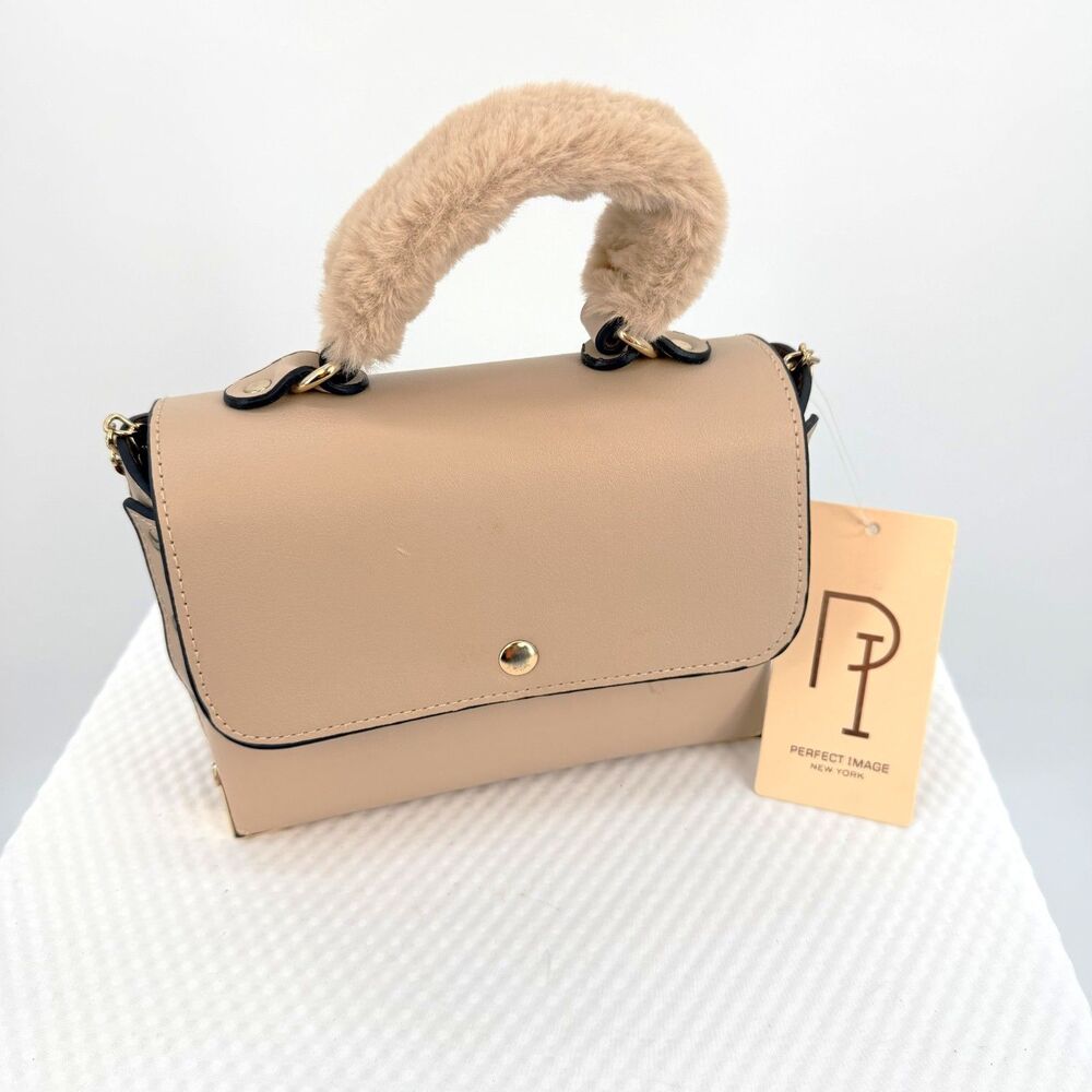 Perfect Image New York Beige Crossbody Bag Faux Fur Handle Gold Chain NWT